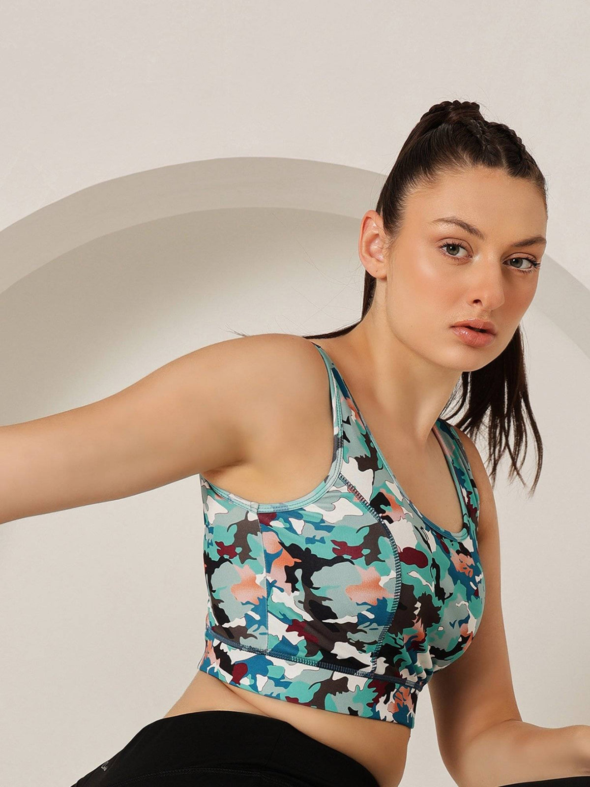 Medium Impact Padded Non-wired Camouflage Print Sports Bra In Sky | sb09 - view 6
