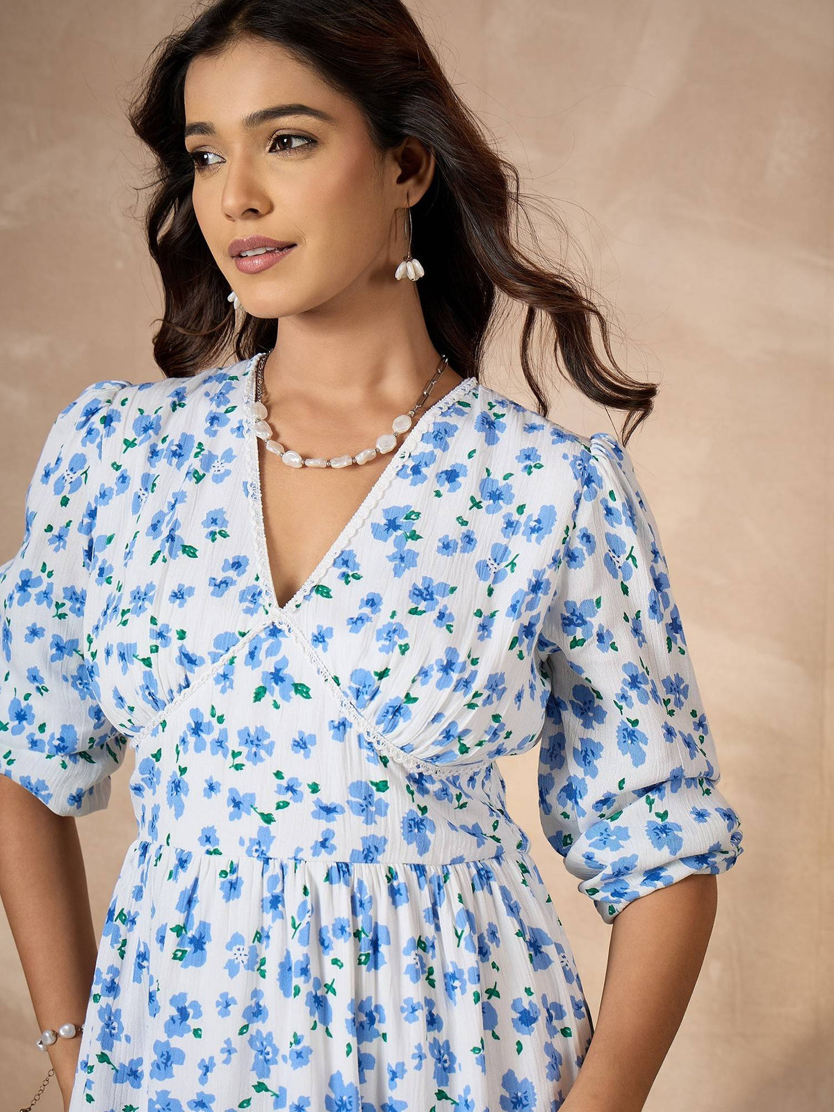 Women's Cotton White Floral Dress with Lace Detail | D56 - view 5