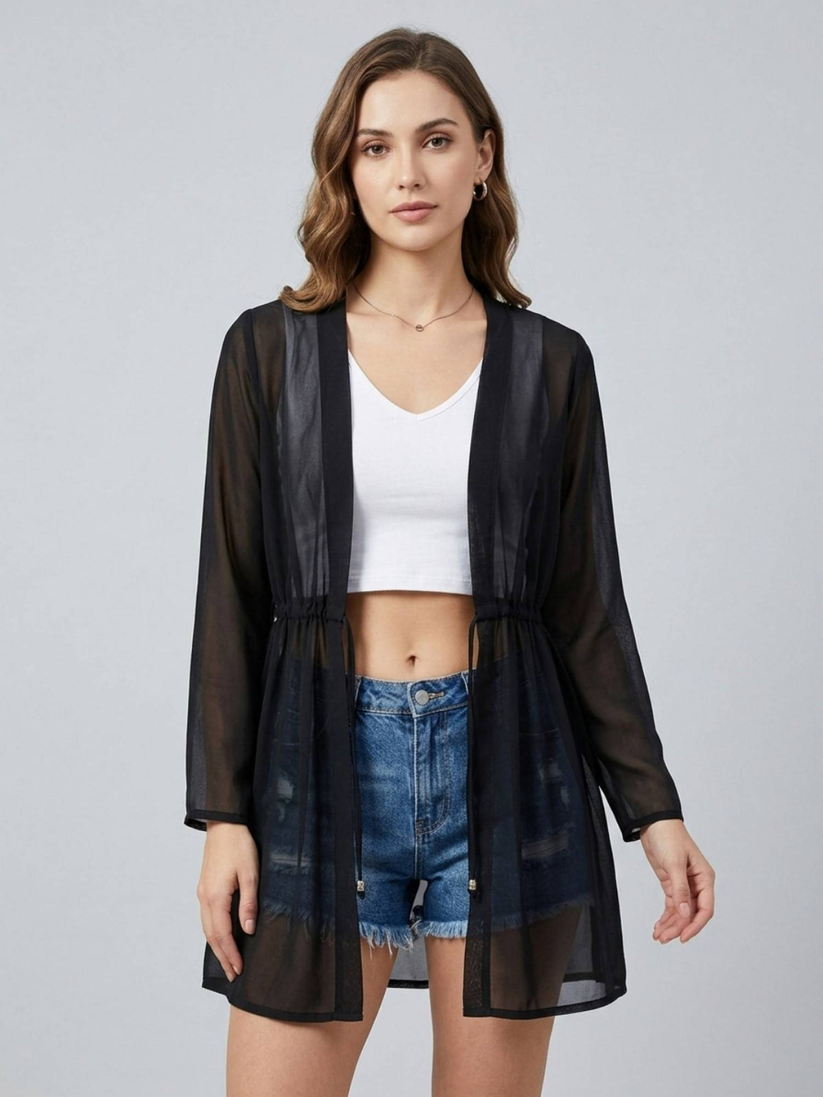 Women Solid Black Georgette Tie-Ups Regular Shrug | JC78 - view 1