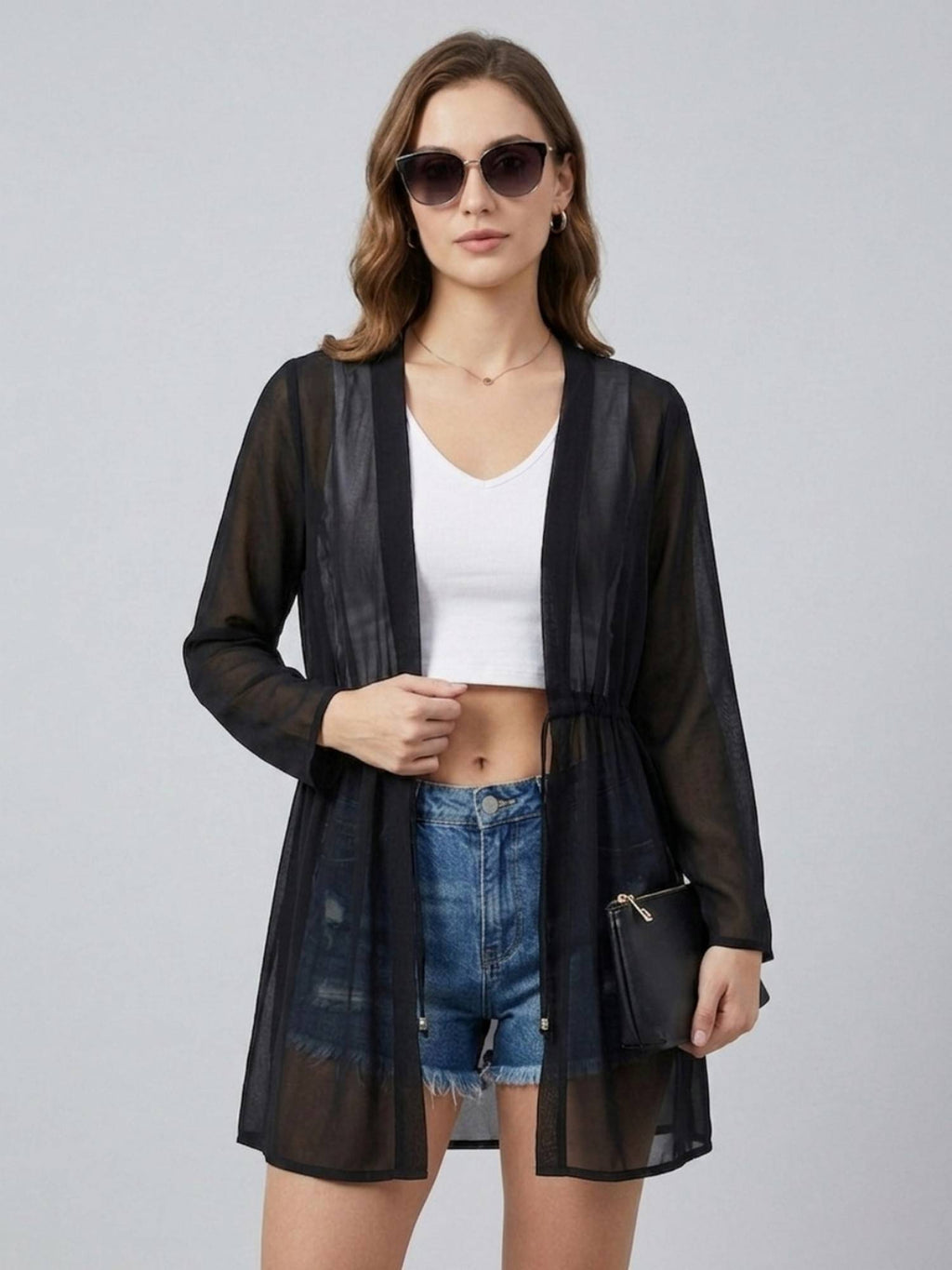 Women Solid Black Georgette Tie-Ups Regular Shrug | JC78 - view 5