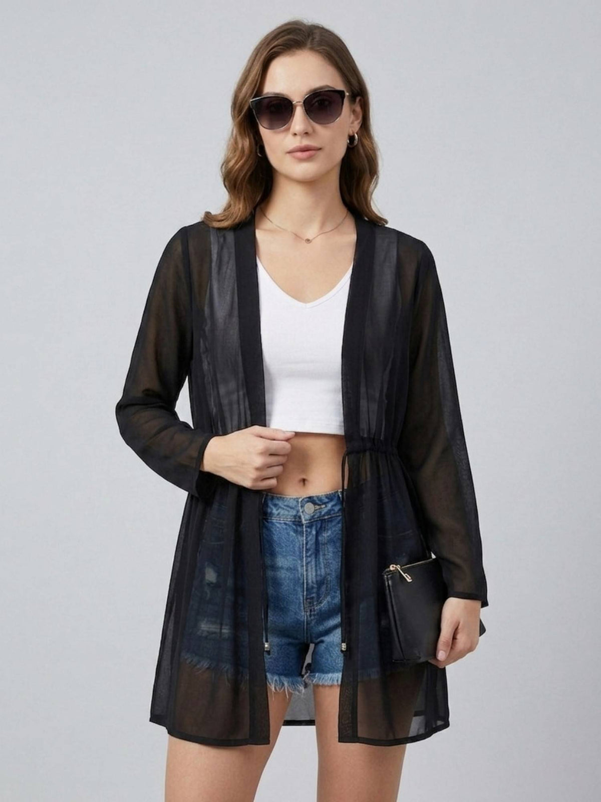 Women Solid Black Georgette Tie-Ups Regular Shrug | JC78 - view 5