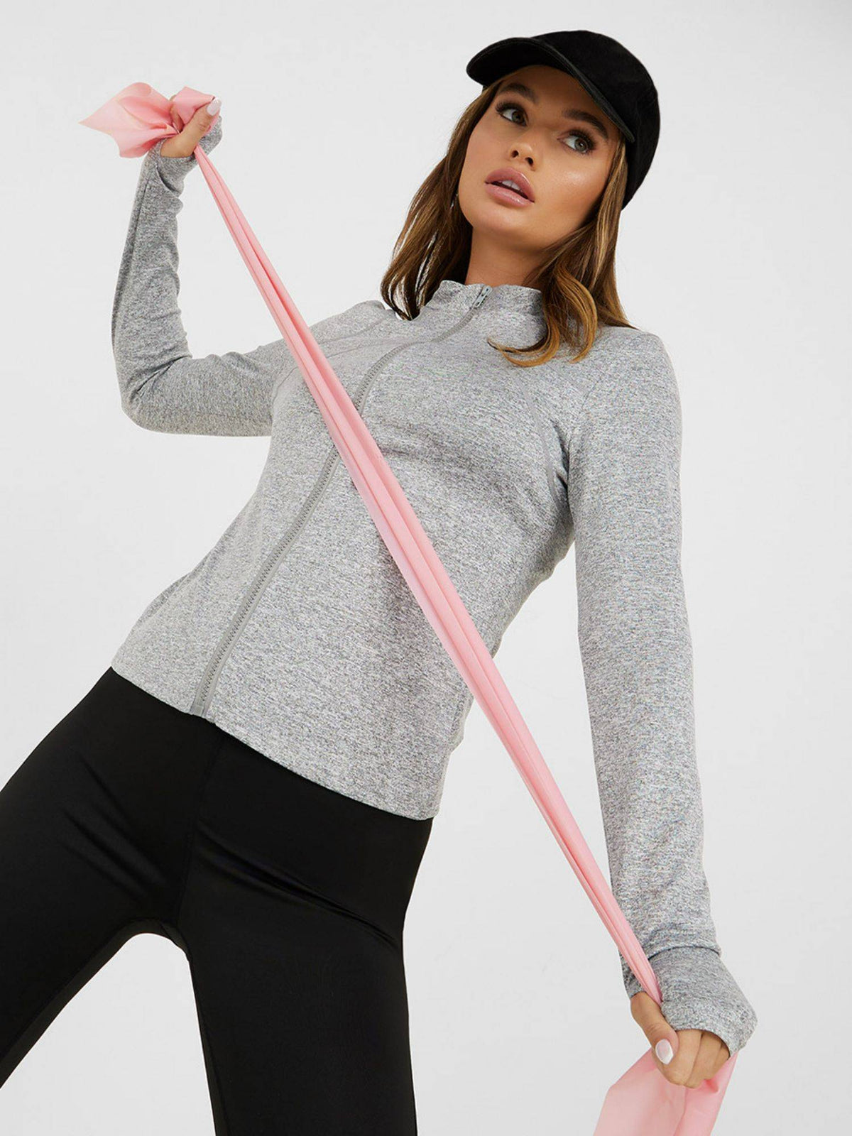 Melange Tonal Contour Stitch Detail Thumbhole Detail Zip Jacket | JC78 - view 3