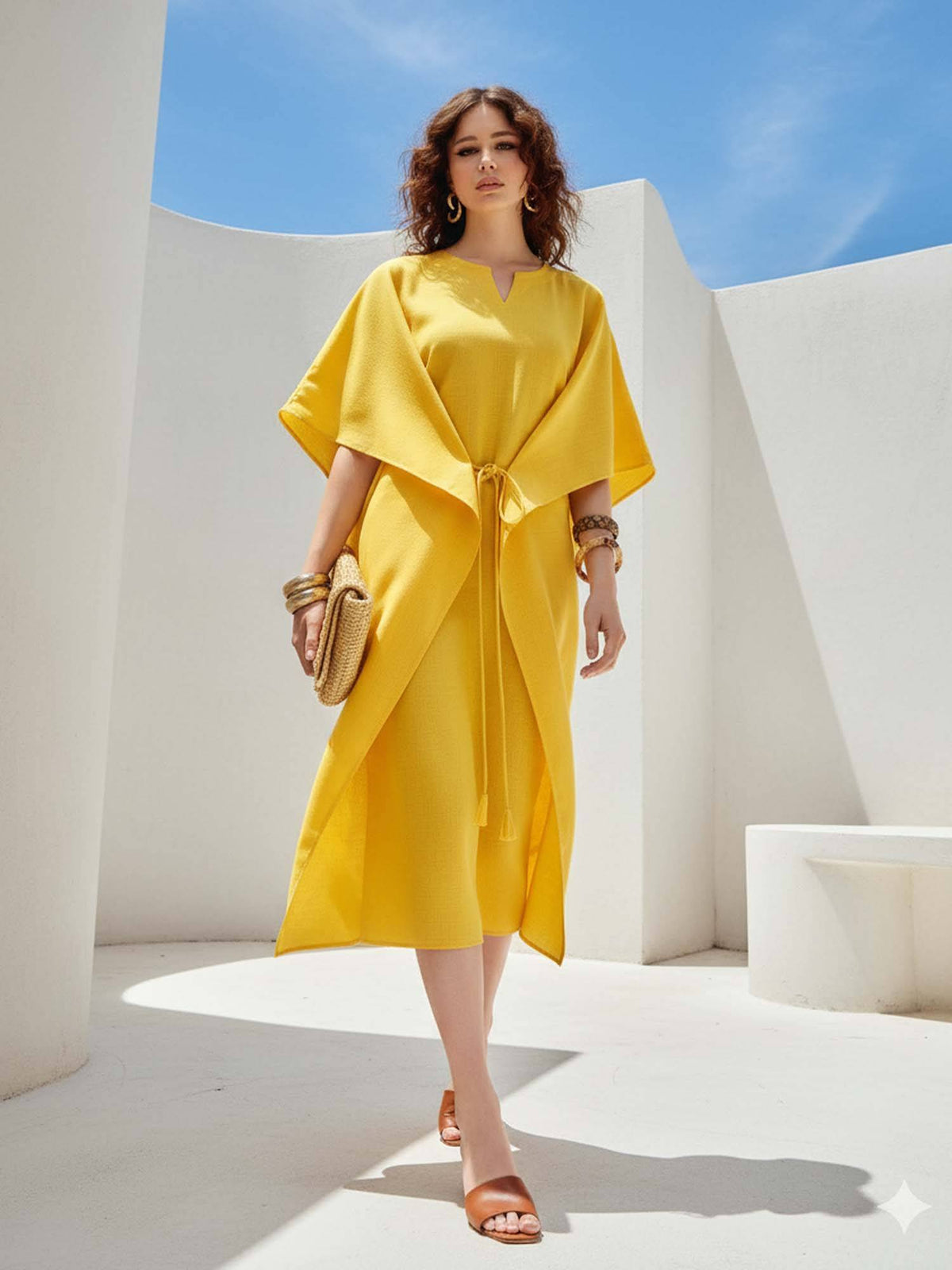 Women Solid Yellow Tie Ups Midi Dress | D56 - view 1