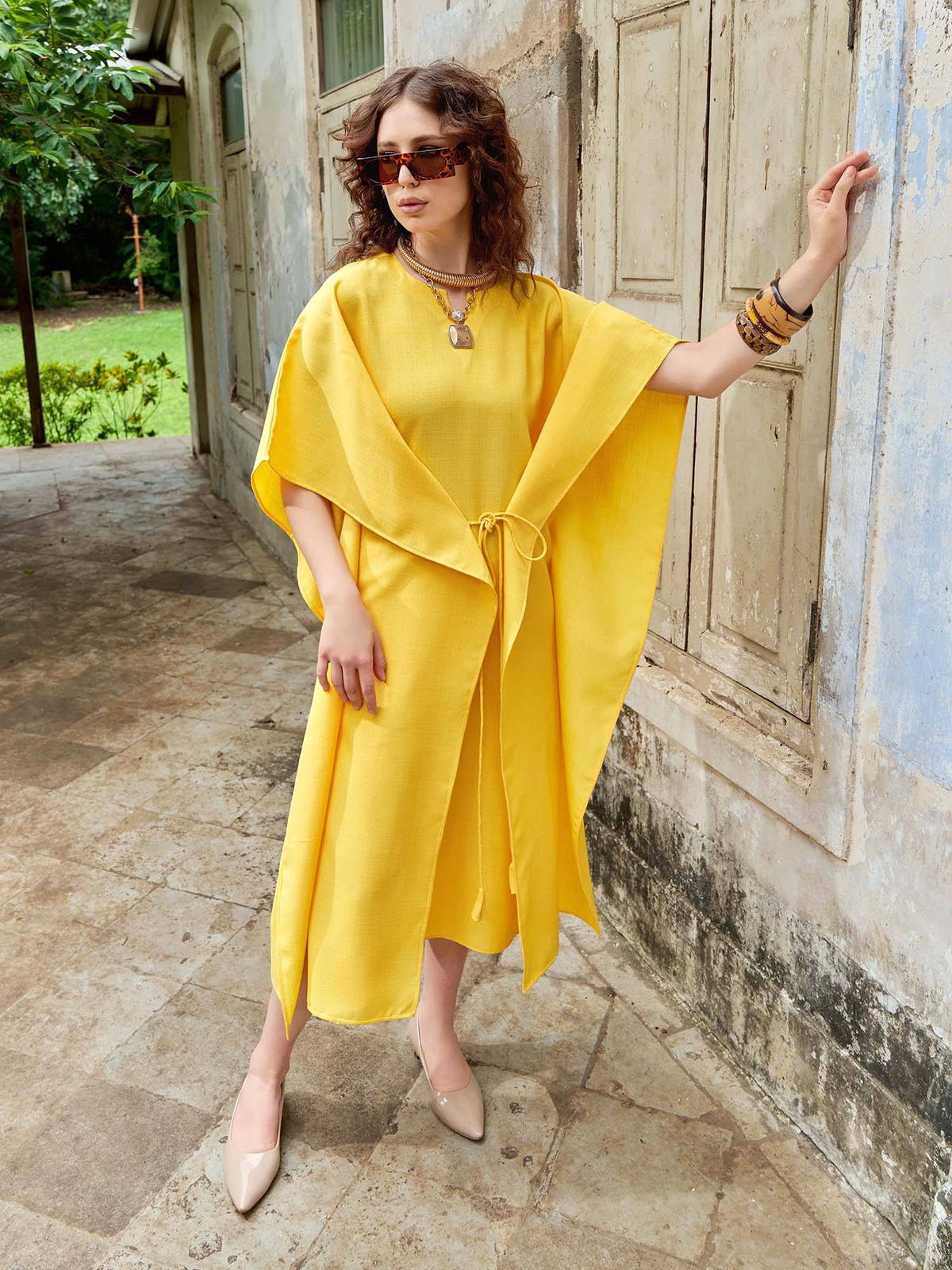 Women Solid Yellow Tie Ups Midi Dress | D56 - view 3