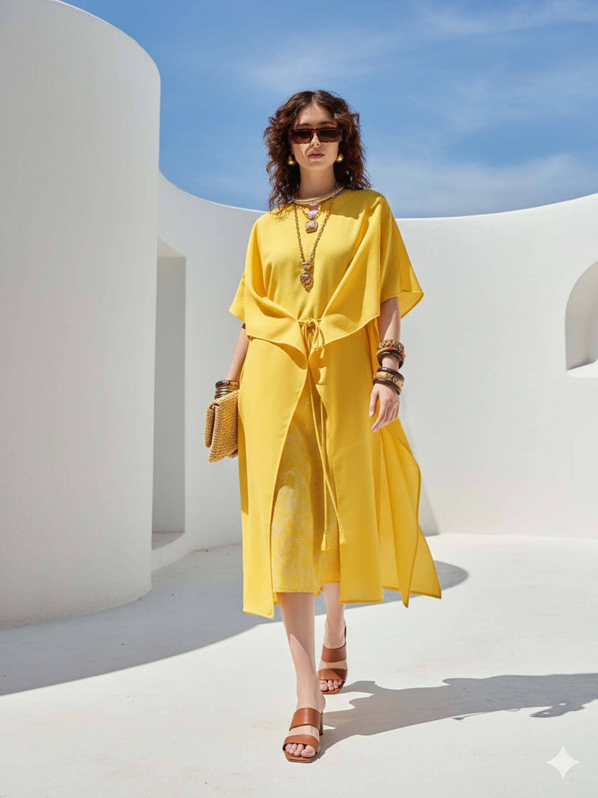 Women Solid Yellow Tie Ups Midi Dress | D56 - view 4