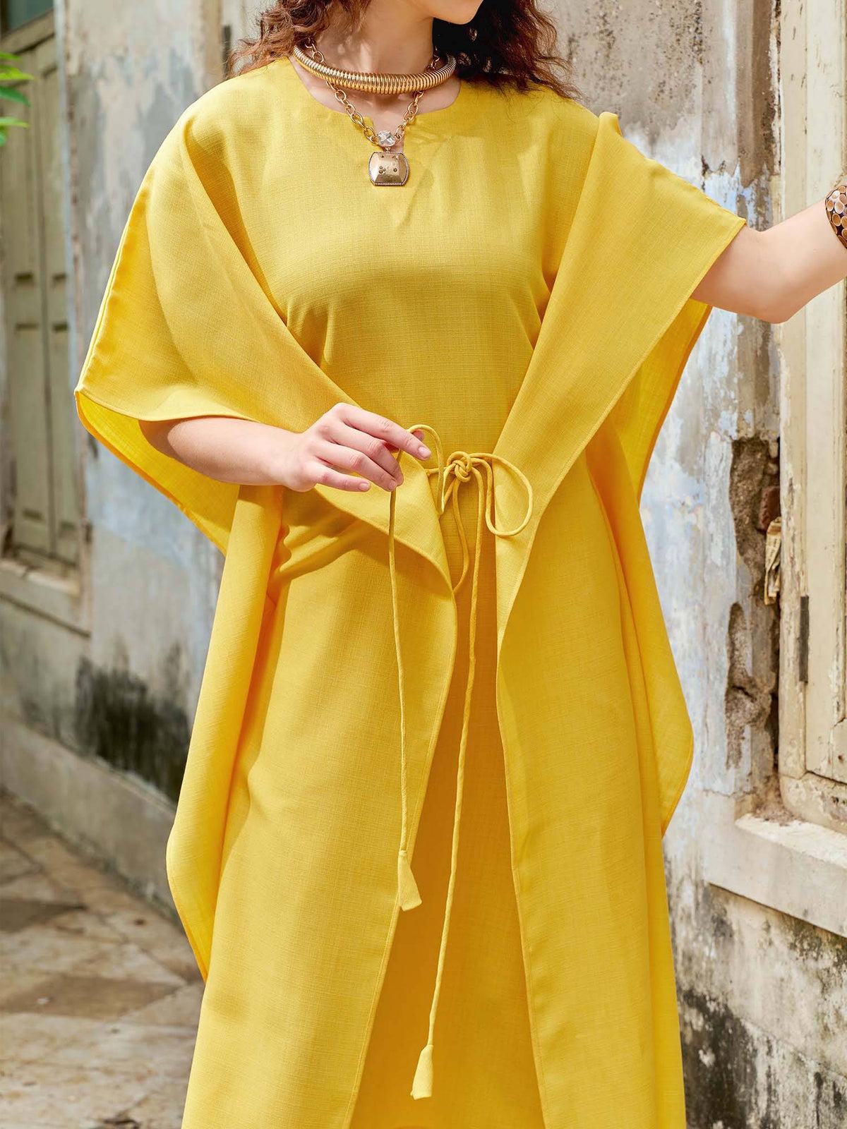 Women Solid Yellow Tie Ups Midi Dress | D56 - view 5
