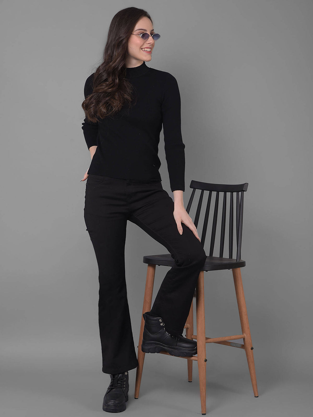 Solid Black Bootcut Jeans for Women | BT10 - view 2