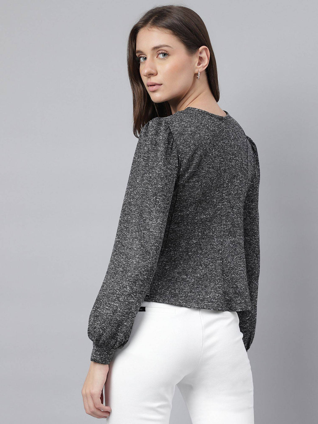 Women Grey Solid Round Neck Peplum Top | pt51 - view 2