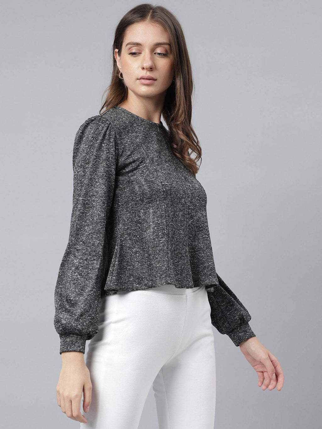Women Grey Solid Round Neck Peplum Top | pt51 - view 6