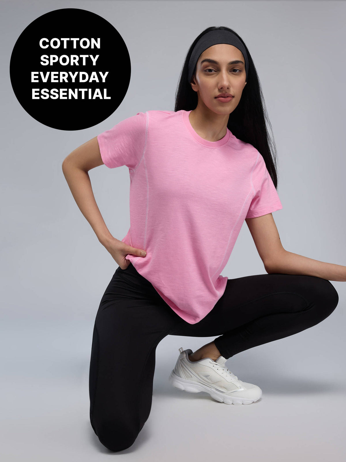 100% Cotton Textured T-Shirt with Sporty Contrast Stitching for Workout to Weekend KIC040 Pink | TS56 - view 1