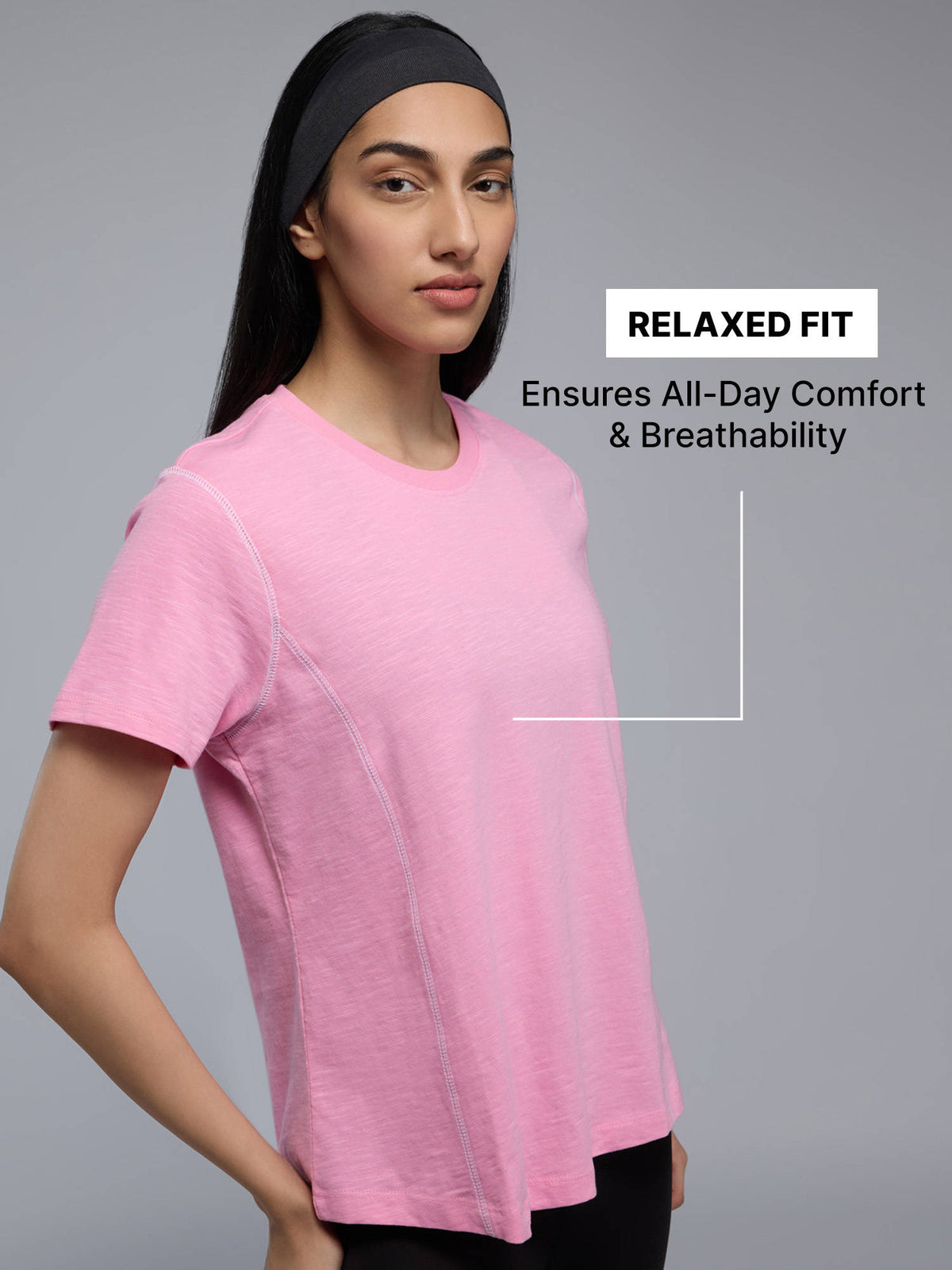 100% Cotton Textured T-Shirt with Sporty Contrast Stitching for Workout to Weekend KIC040 Pink | TS56 - view 2