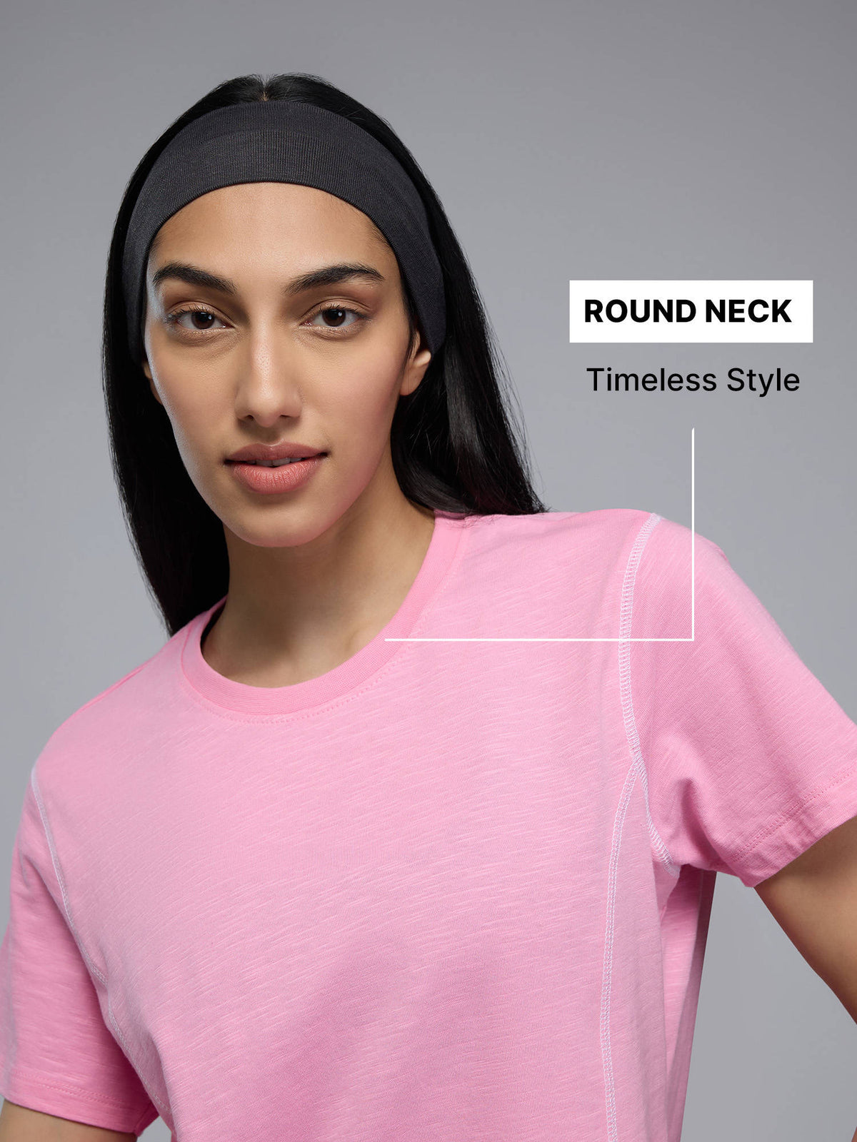 100% Cotton Textured T-Shirt with Sporty Contrast Stitching for Workout to Weekend KIC040 Pink | TS56 - view 3