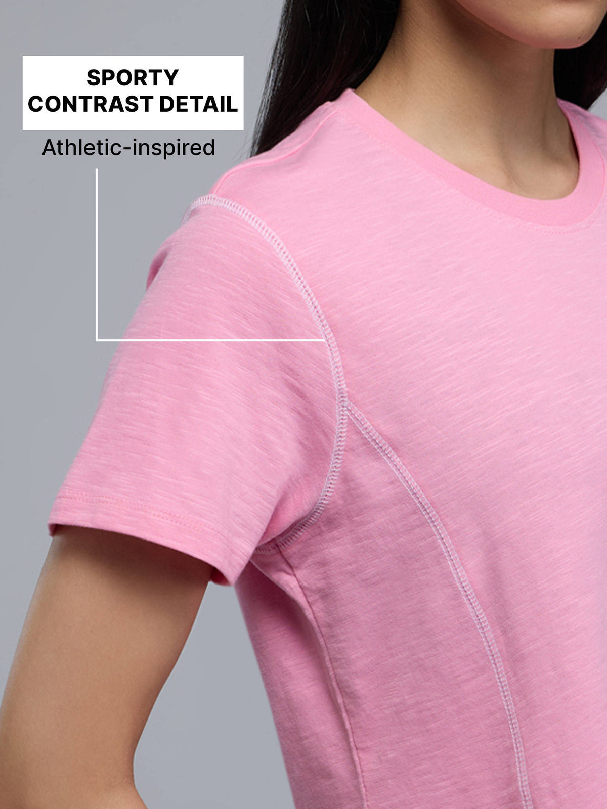 100% Cotton Textured T-Shirt with Sporty Contrast Stitching for Workout to Weekend KIC040 Pink | TS56 - view 5