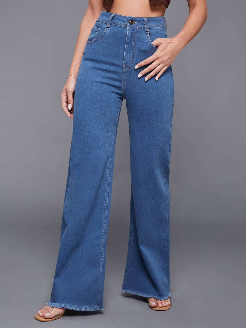 Mid Blue Wide Leg High Rise Regular Stretchable Denim Jeans | BT10 - view 2
