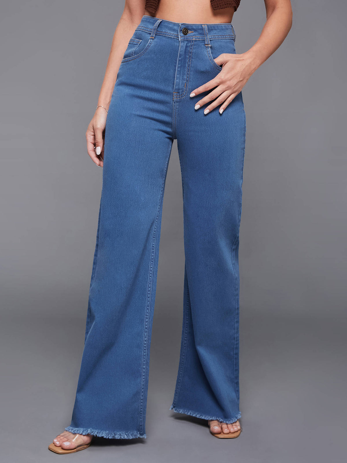 Mid Blue Wide Leg High Rise Regular Stretchable Denim Jeans | BT10 - view 2