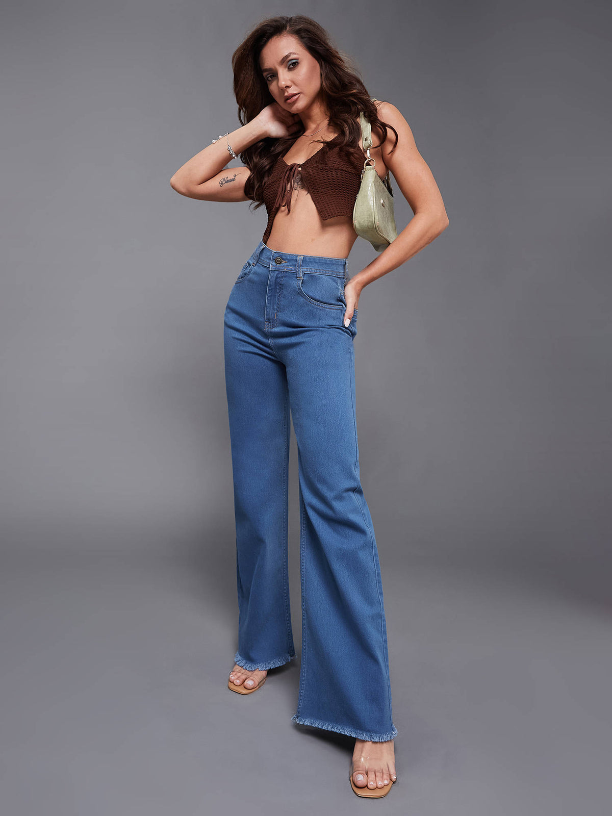 Mid Blue Wide Leg High Rise Regular Stretchable Denim Jeans | BT10 - view 3
