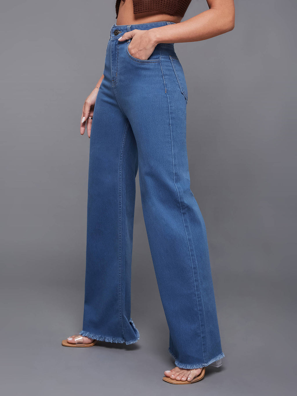 Mid Blue Wide Leg High Rise Regular Stretchable Denim Jeans | BT10 - view 4