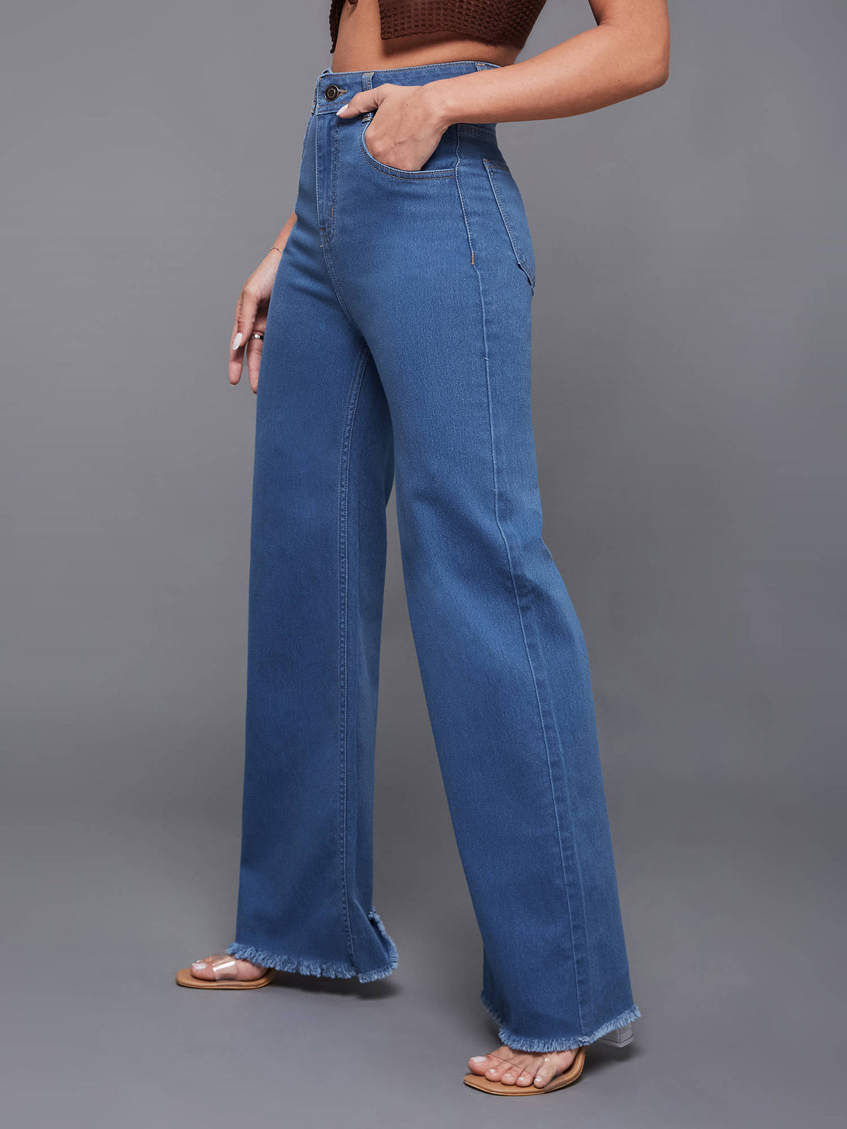 Mid Blue Wide Leg High Rise Regular Stretchable Denim Jeans | BT10 - view 4