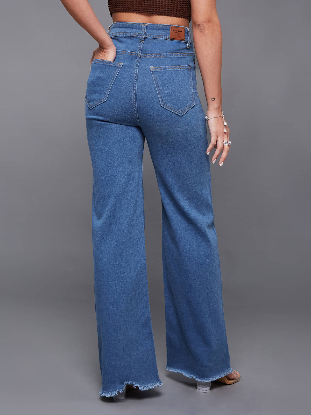 Mid Blue Wide Leg High Rise Regular Stretchable Denim Jeans | BT10 - view 5