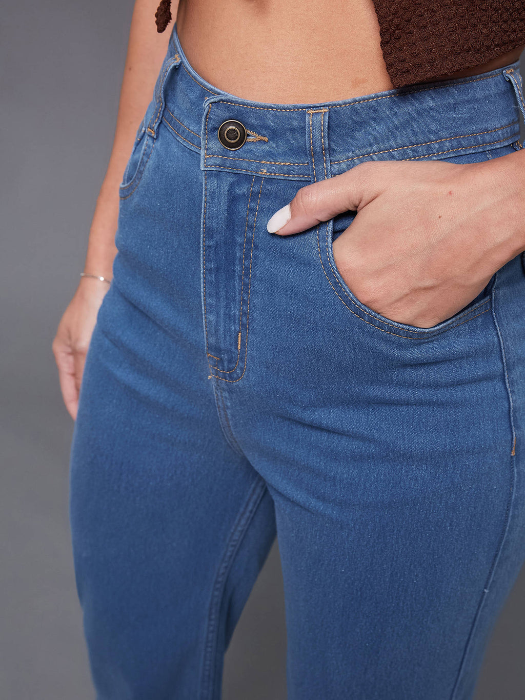 Mid Blue Wide Leg High Rise Regular Stretchable Denim Jeans | BT10 - view 6
