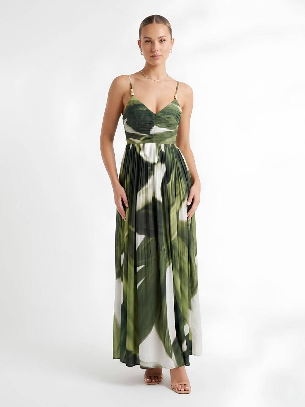 Jade Printed V Neck Pleated Dress | D56 - view 6