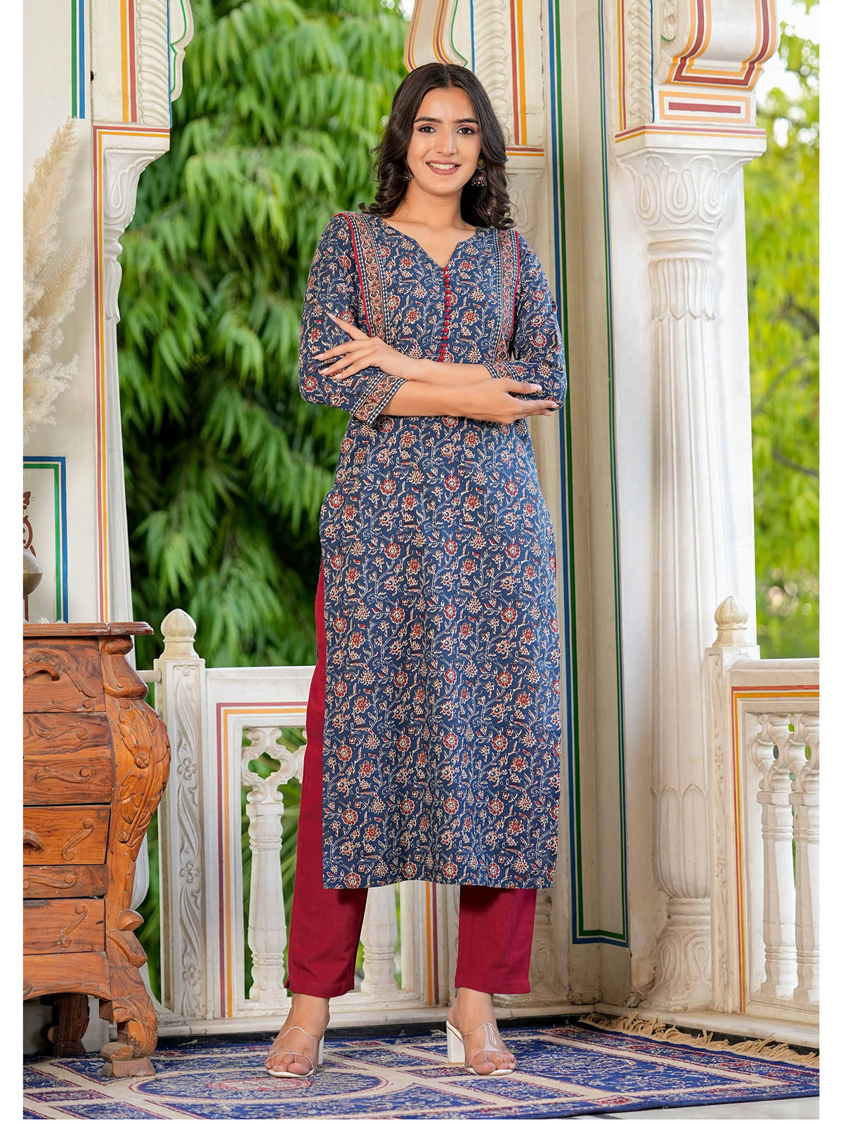 Womens Floral Printed Straight Cotton Navy Blue Kurta | FY93 - view 7