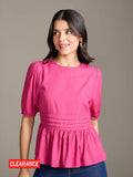 Fuchsia Pink Solid Round Neck Elbow Sleeves Peplum Top | pt51 - view 1