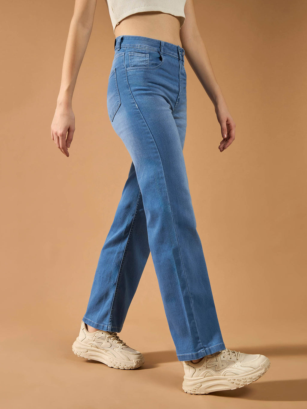 Women's Blue Solid Regular Fit Jeans | ST23 - view 3