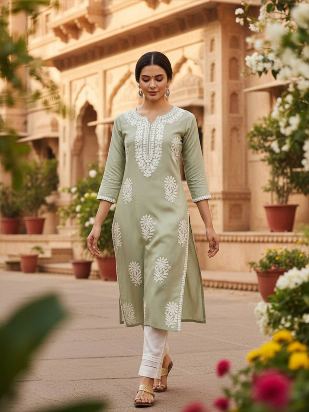 Green Viscose Rayon Solid Embroidered Chikankari Straight Kurta | KDG - view 1