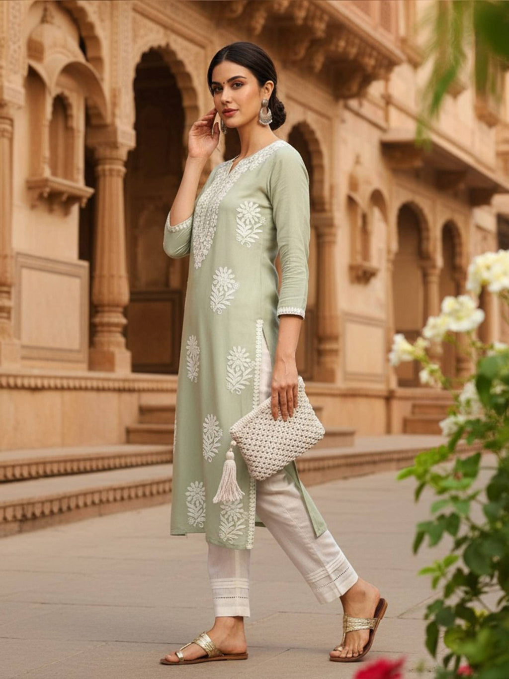 Green Viscose Rayon Solid Embroidered Chikankari Straight Kurta | KDG - view 2