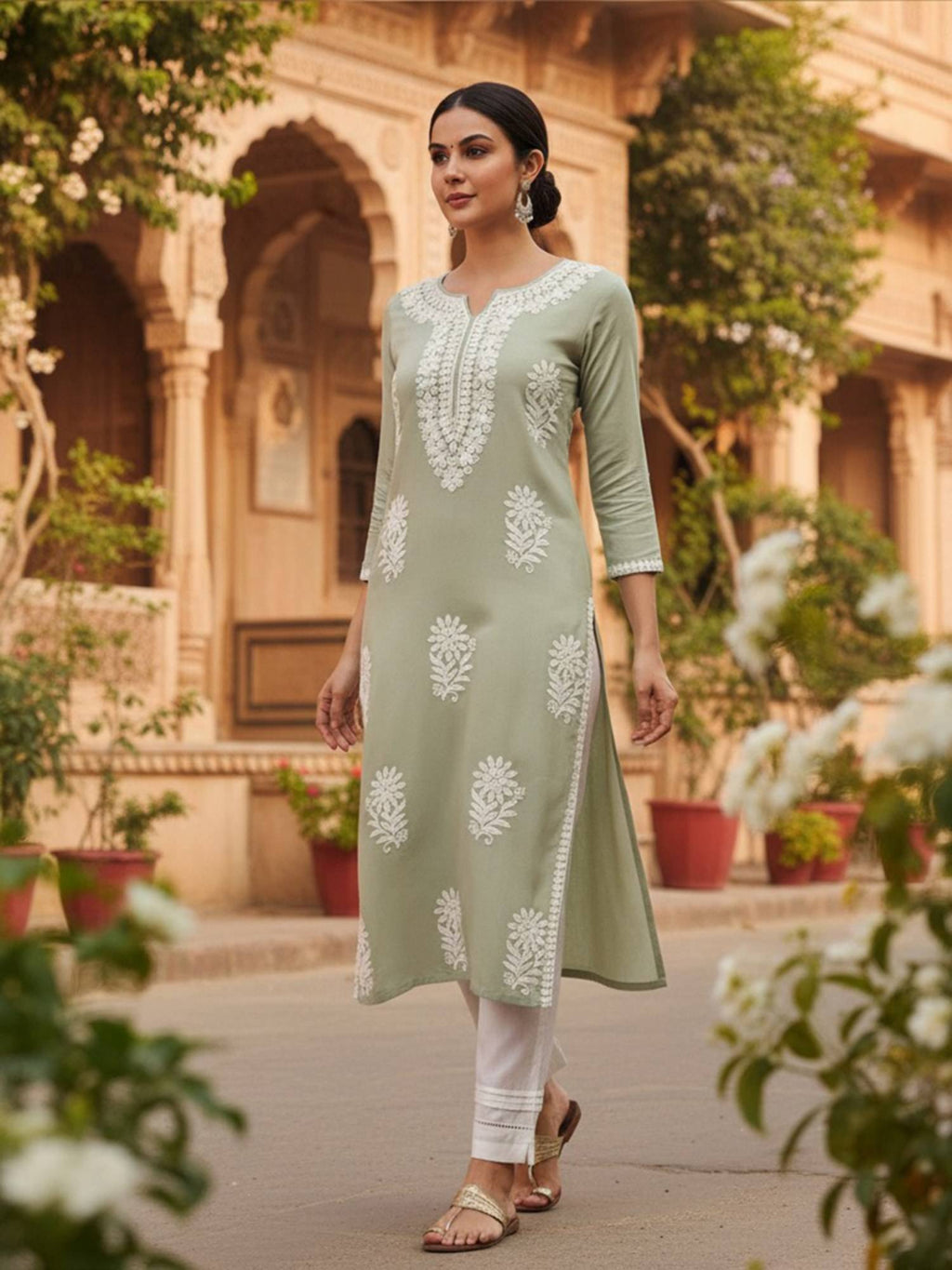 Green Viscose Rayon Solid Embroidered Chikankari Straight Kurta | KDG - view 4