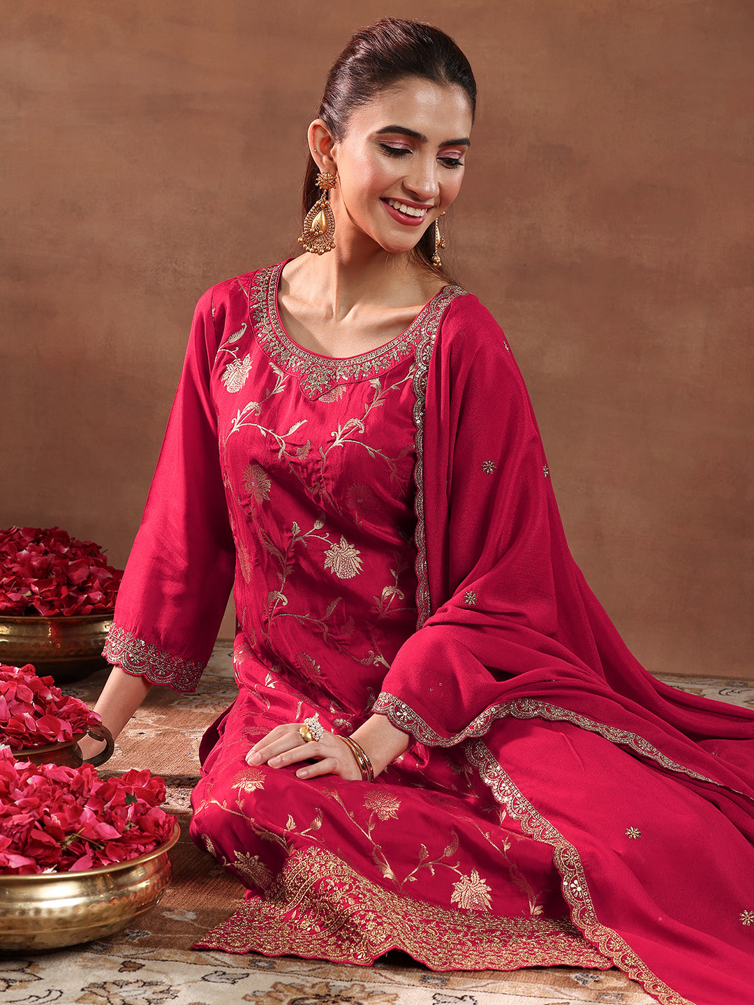 Libas Red Woven Design Silk Blend Straight Suit With Dupatta