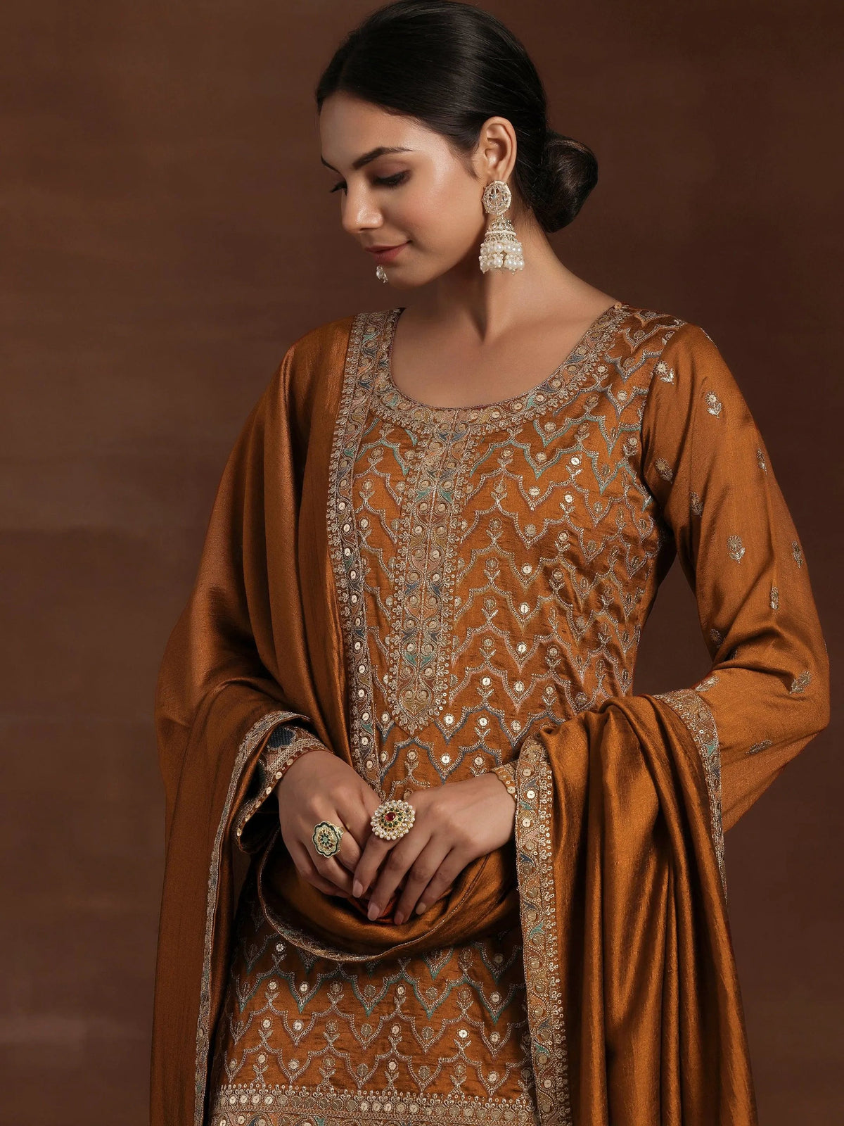 Libas Adaa Rust Embroidered Silk Blend Straight Kurta With Palazzos & Dupatta