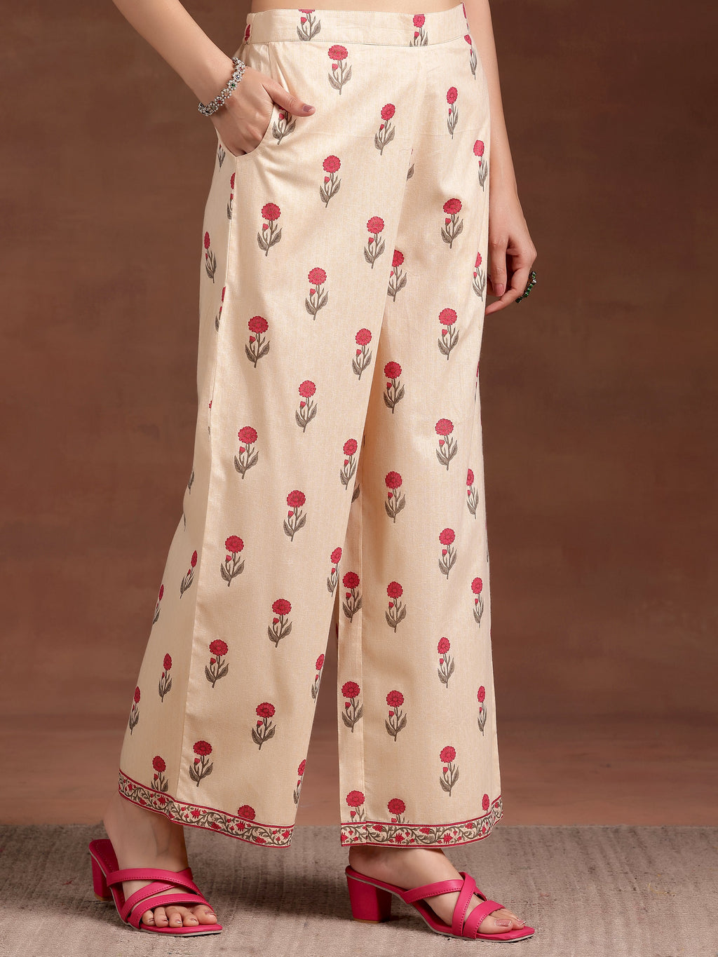 Libas Beige Printed Cotton A-Line Kurta With Palazzos