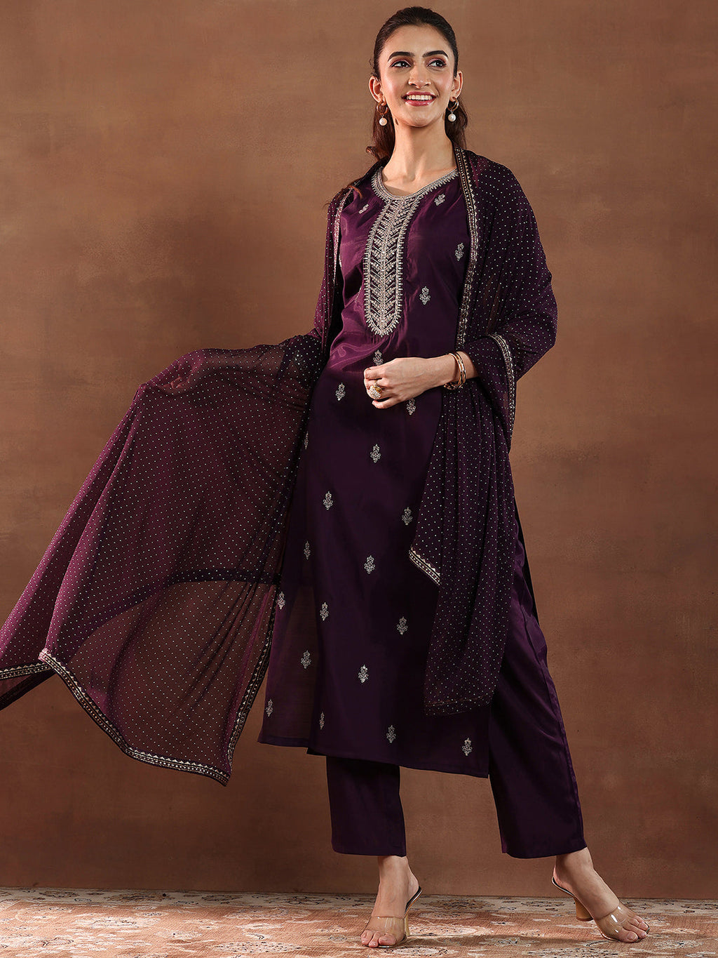 Gerua Wine Embroidered Silk Blend Straight Suit With Dupatta
