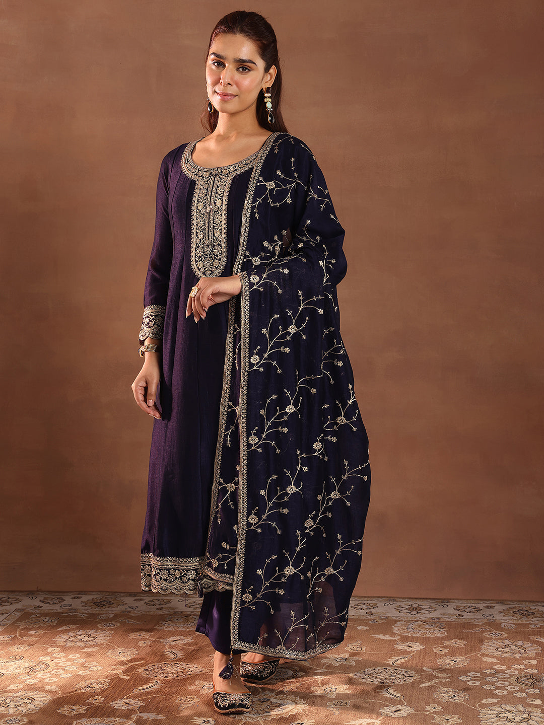 Libas Purple Embroidered Silk Blend Anarkali Suit With Dupatta