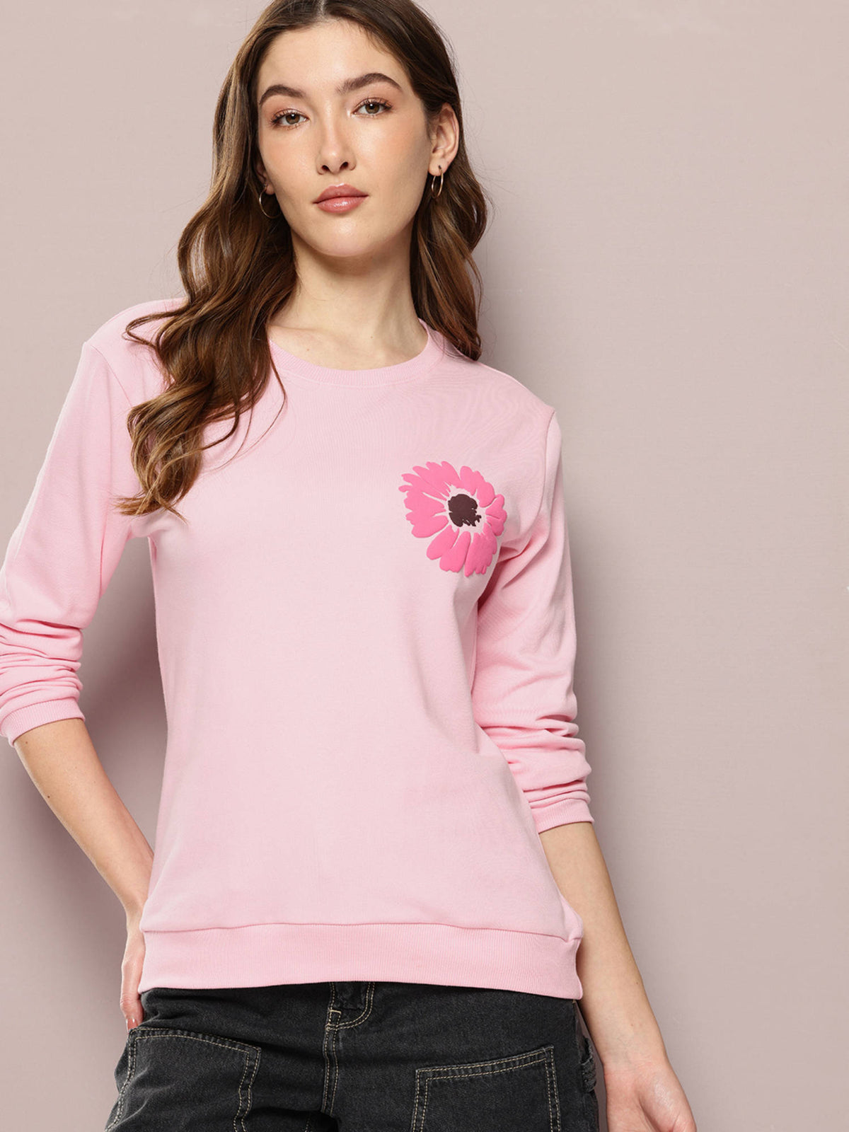 Womens Relaxed Fit Puff Floral Print Long Sleeve Pink Sweatshirt | SS90 - view 1