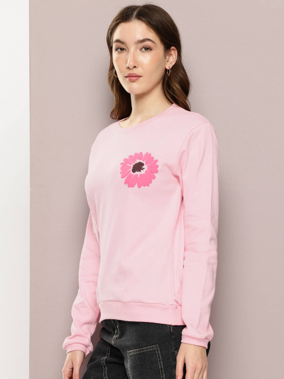 Womens Relaxed Fit Puff Floral Print Long Sleeve Pink Sweatshirt | SS90 - view 3