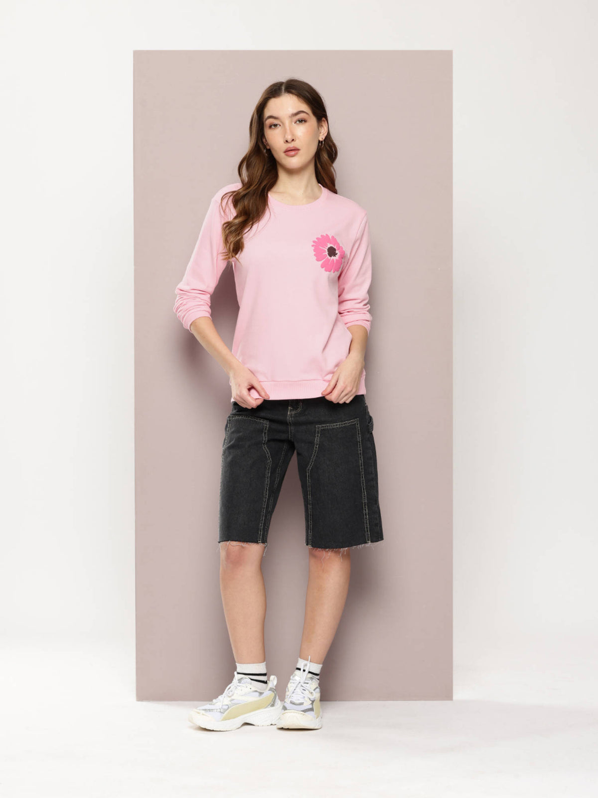 Womens Relaxed Fit Puff Floral Print Long Sleeve Pink Sweatshirt | SS90 - view 5