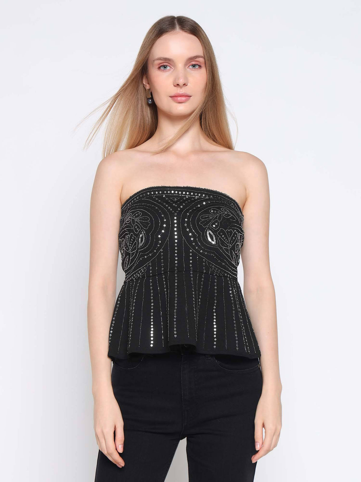 Women Black Sequined Peplum Top | pt51 - view 1