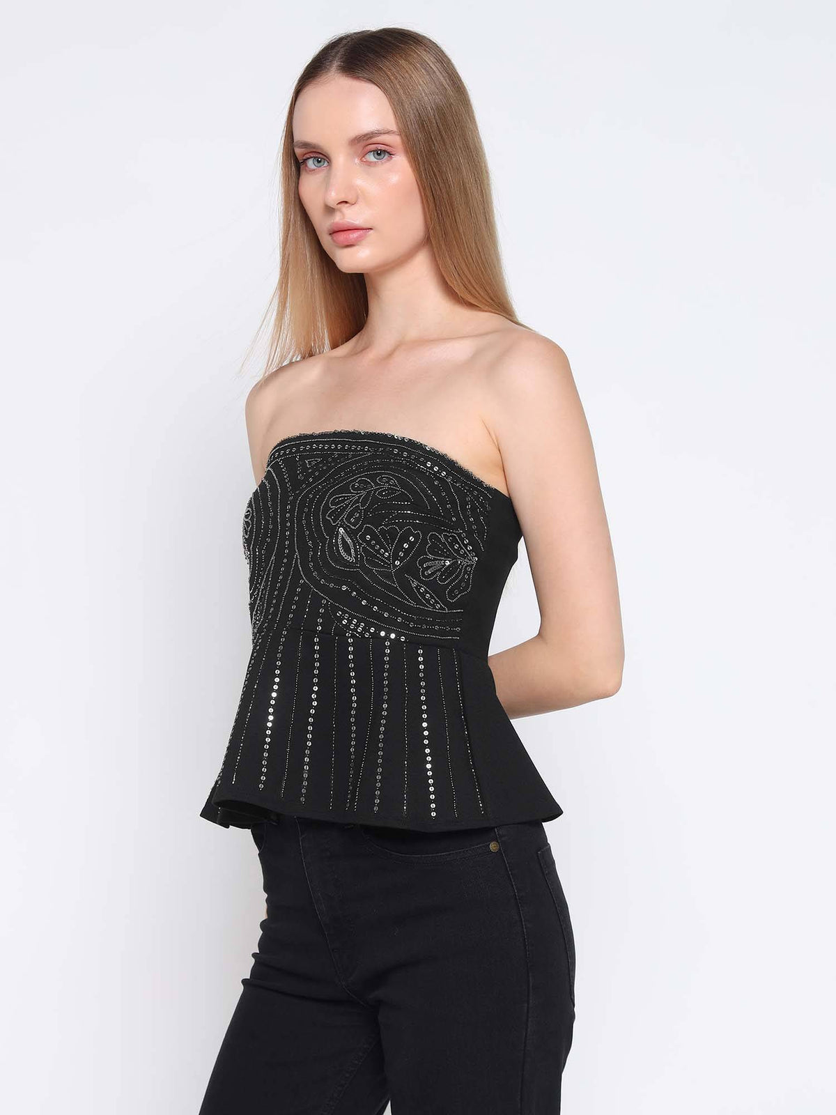 Women Black Sequined Peplum Top | pt51 - view 3