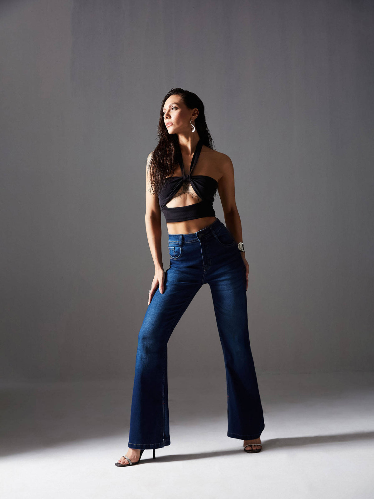 Women Blue Bootcut Mid Rise Regular Length Denim Stretchable Jeans | BT10 - view 3