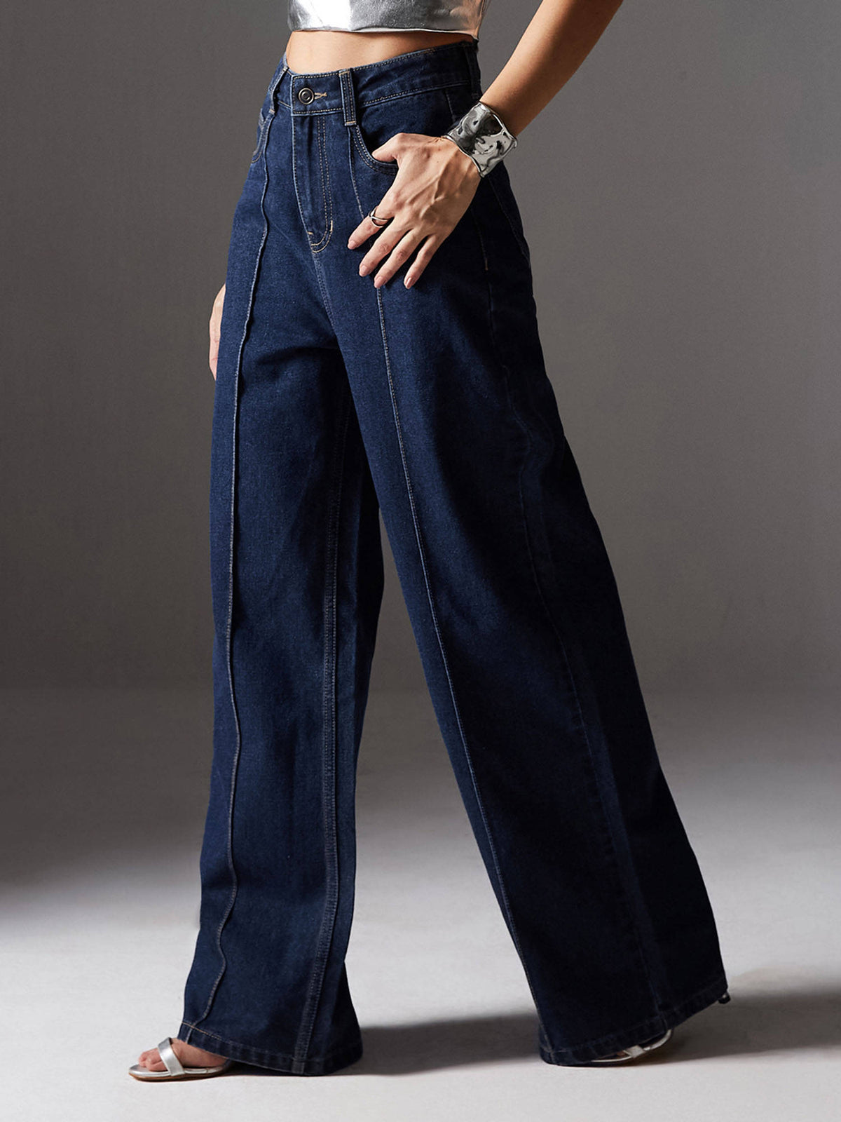 Women Navy Blue Wide Leg High Rise Regular Non Stretchable Denim Jeans | WL90 - view 1
