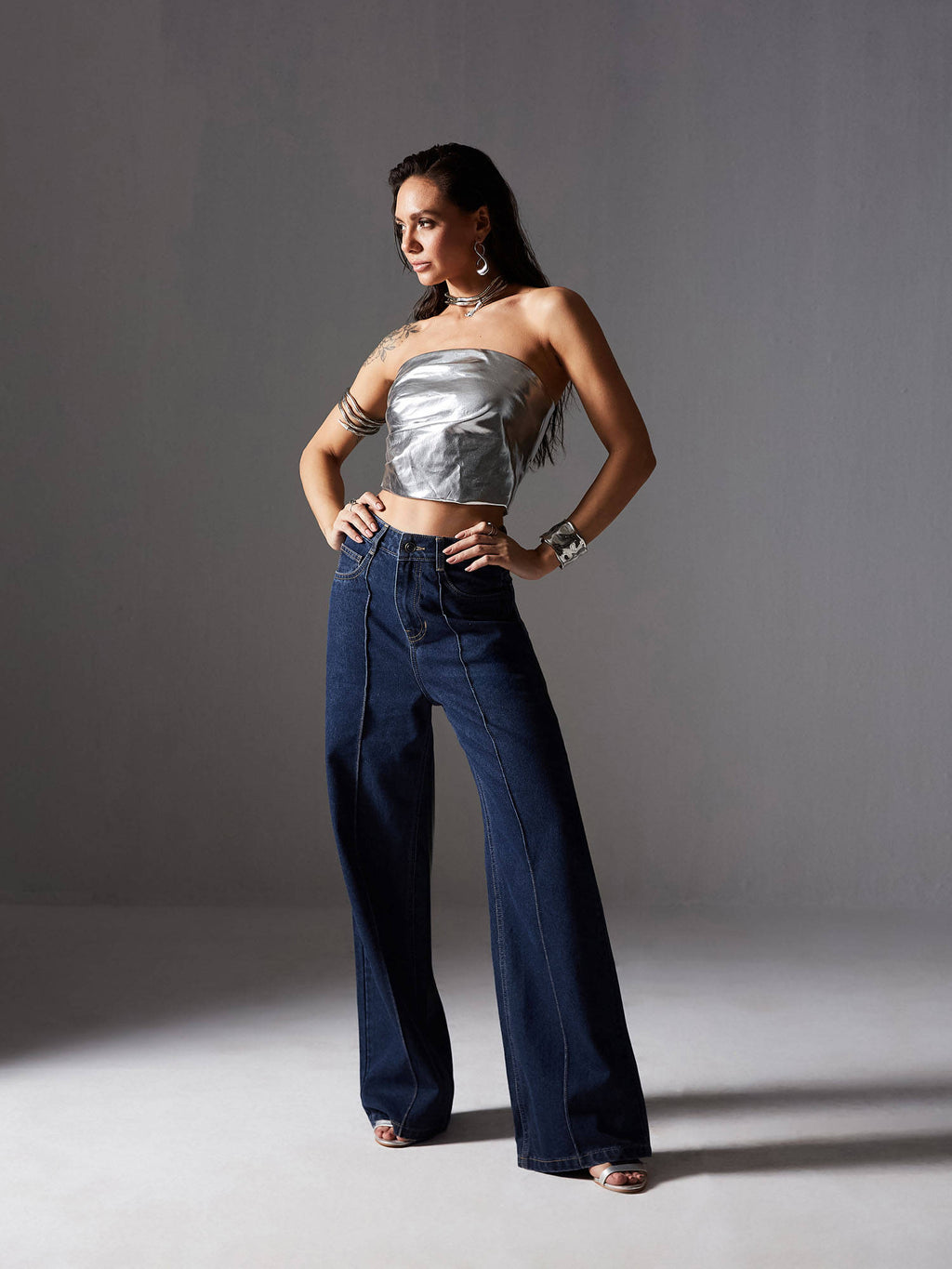 Women Navy Blue Wide Leg High Rise Regular Non Stretchable Denim Jeans | WL90 - view 2