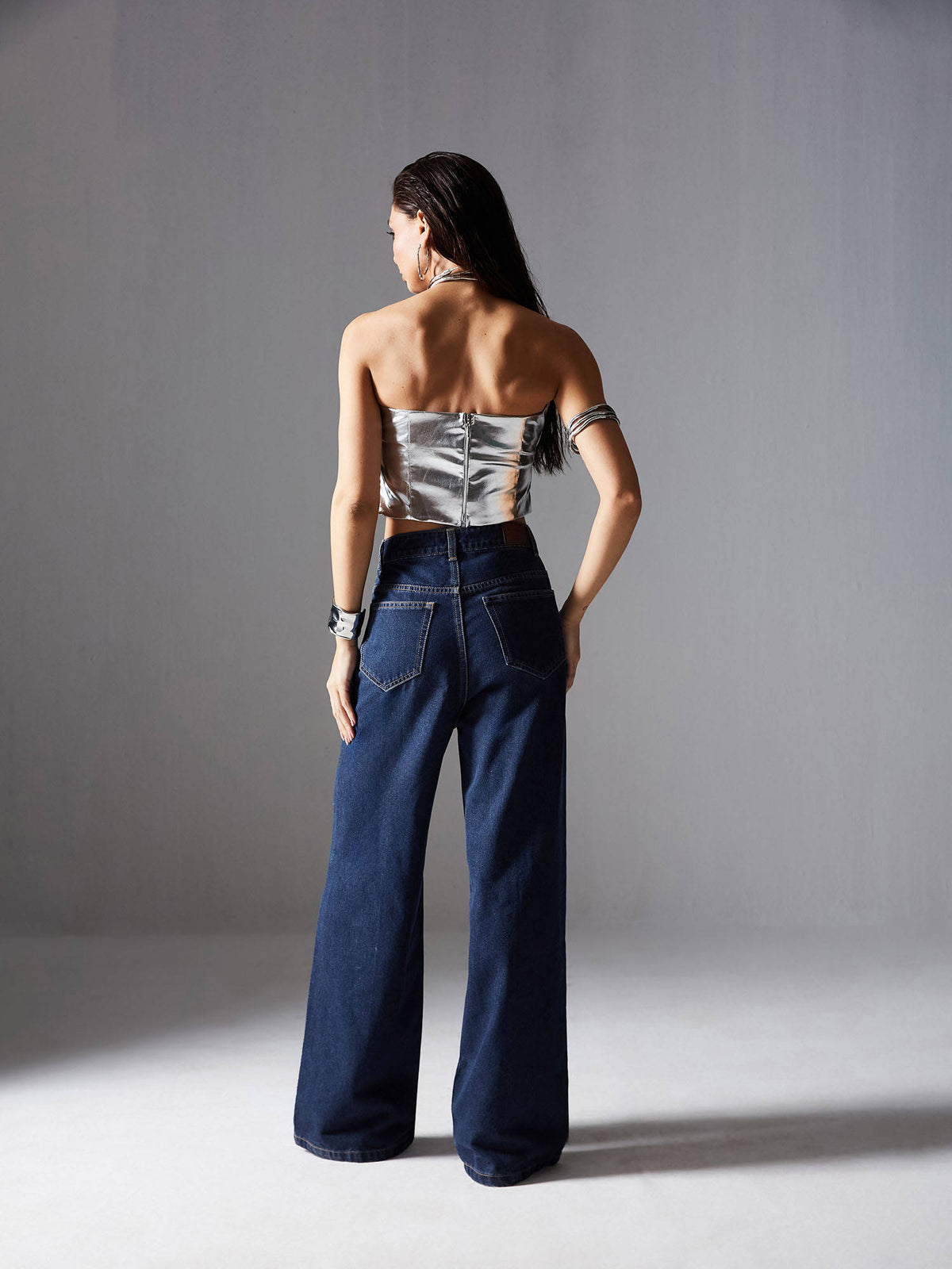 Women Navy Blue Wide Leg High Rise Regular Non Stretchable Denim Jeans | WL90 - view 3