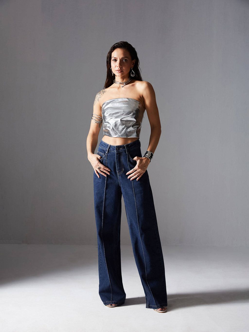 Women Navy Blue Wide Leg High Rise Regular Non Stretchable Denim Jeans | WL90 - view 4