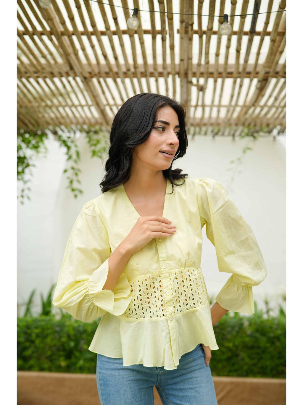 Yellow Schiflli Cotton Top | pt51 - view 1