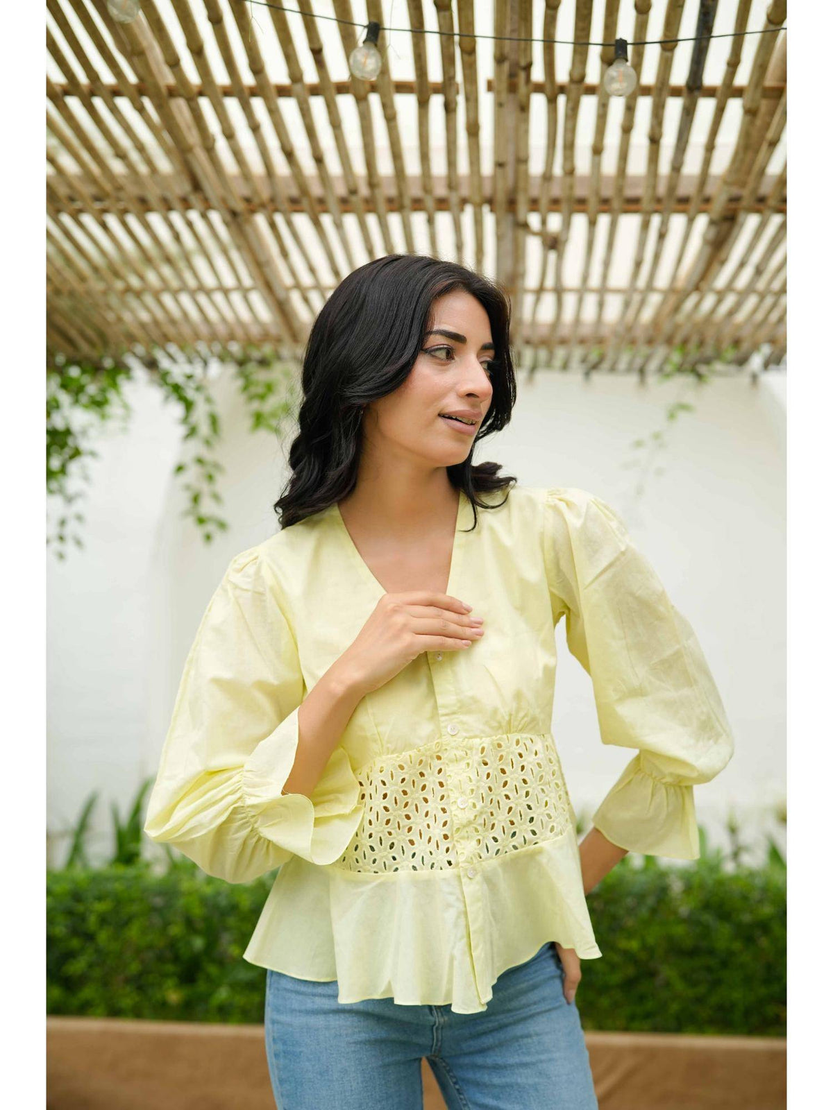 Yellow Schiflli Cotton Top | pt51 - view 1