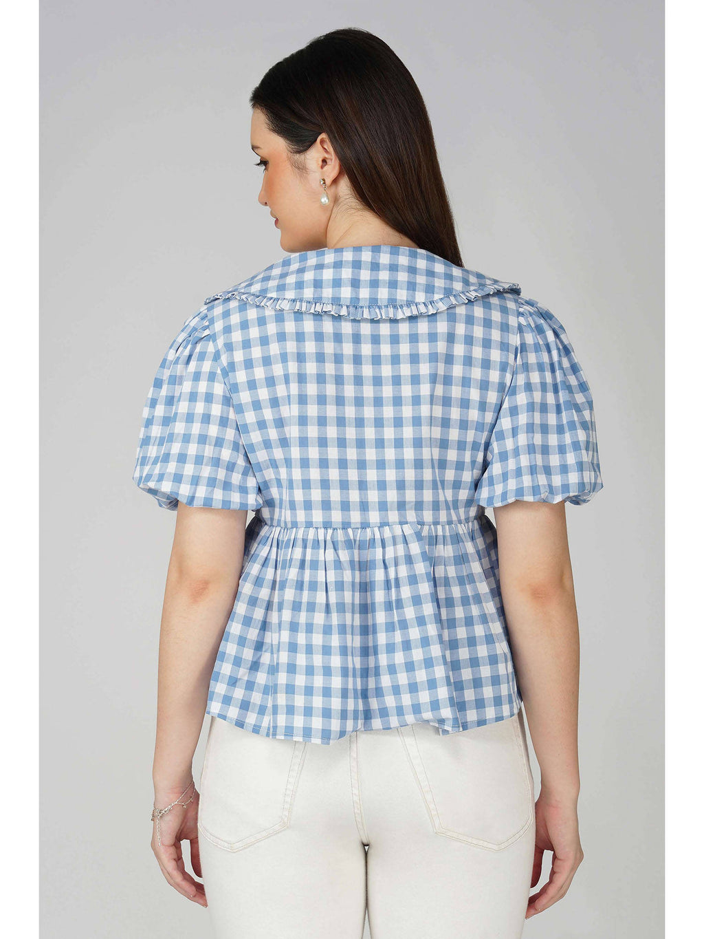 Blue Checked Front Tie-Up Peplum Top | pt51 - view 2