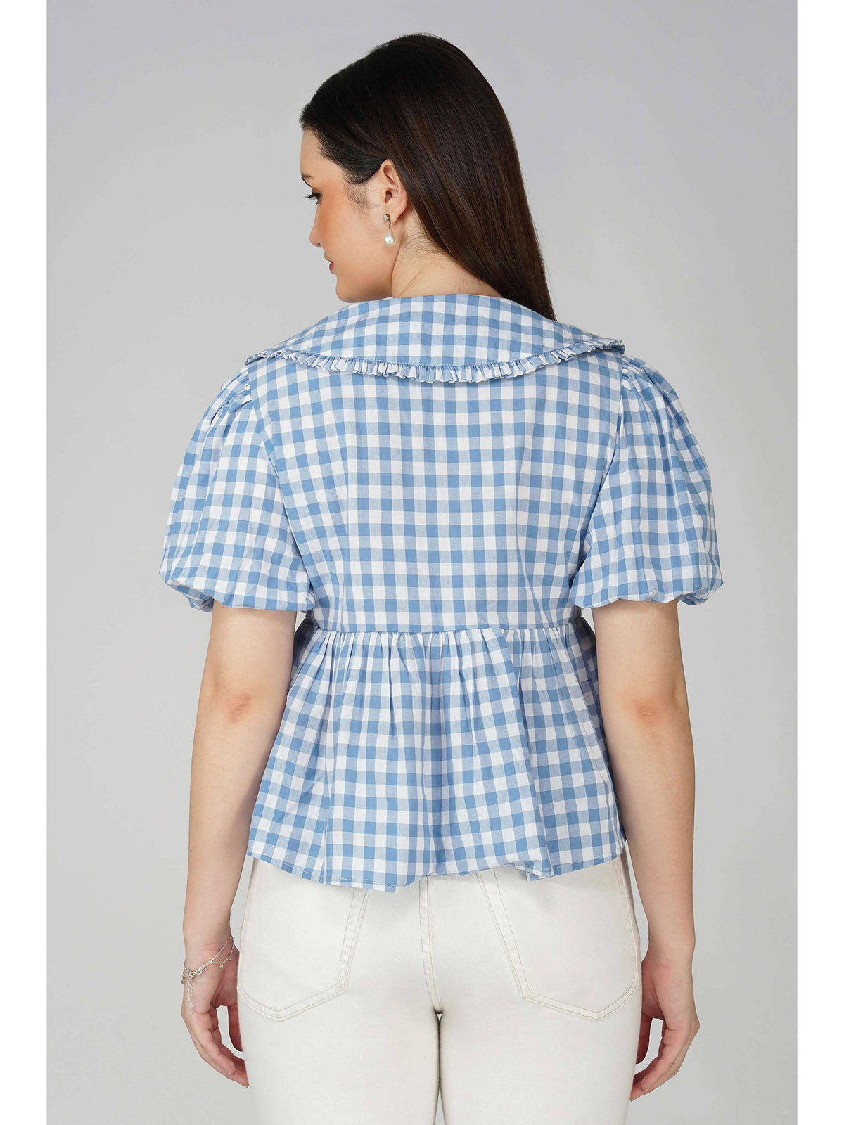 Blue Checked Front Tie-Up Peplum Top | pt51 - view 2